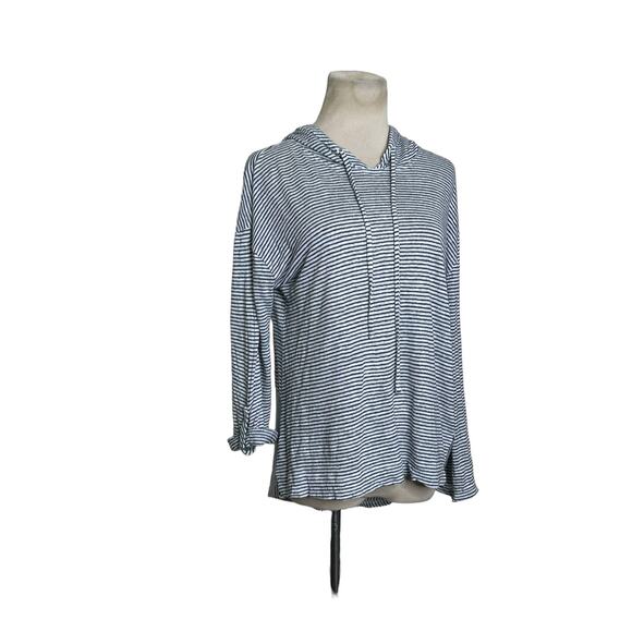 C&C blue white linen striped 3/4 sleeves lightweight hoodie size Small - Picture 5 of 13